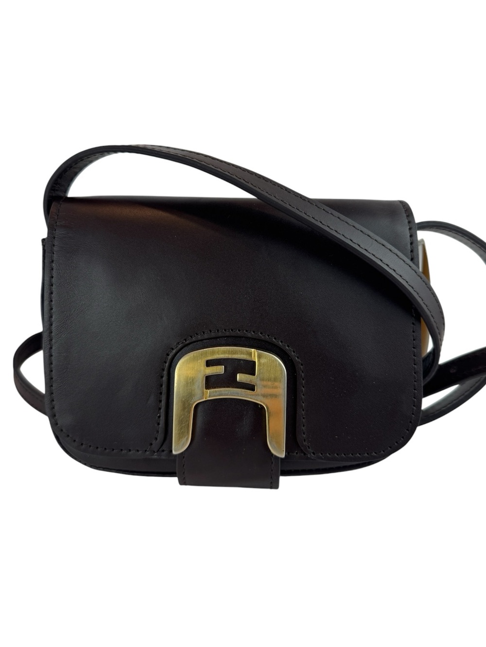 Fendi Dark Brown Leather Crossbody with Gold Logo Buckle